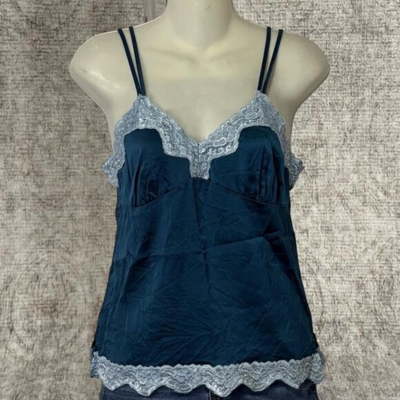 Vintage Inspired Blue Lace Trim Cami Tank Satin Sheer Top Small - Picture 1 of 7